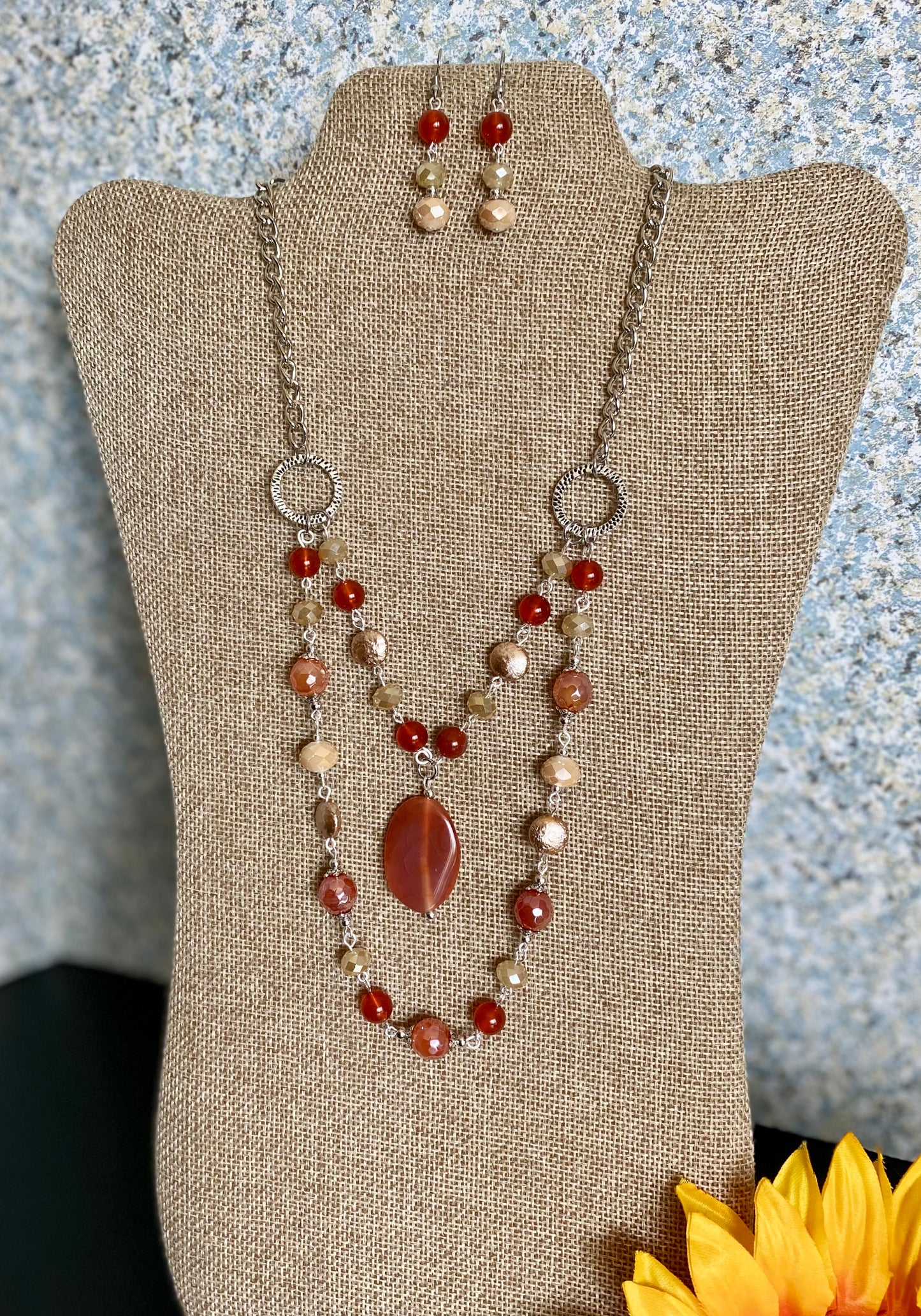 2035. Double necklace with orange agate, carnelian and beige crystals