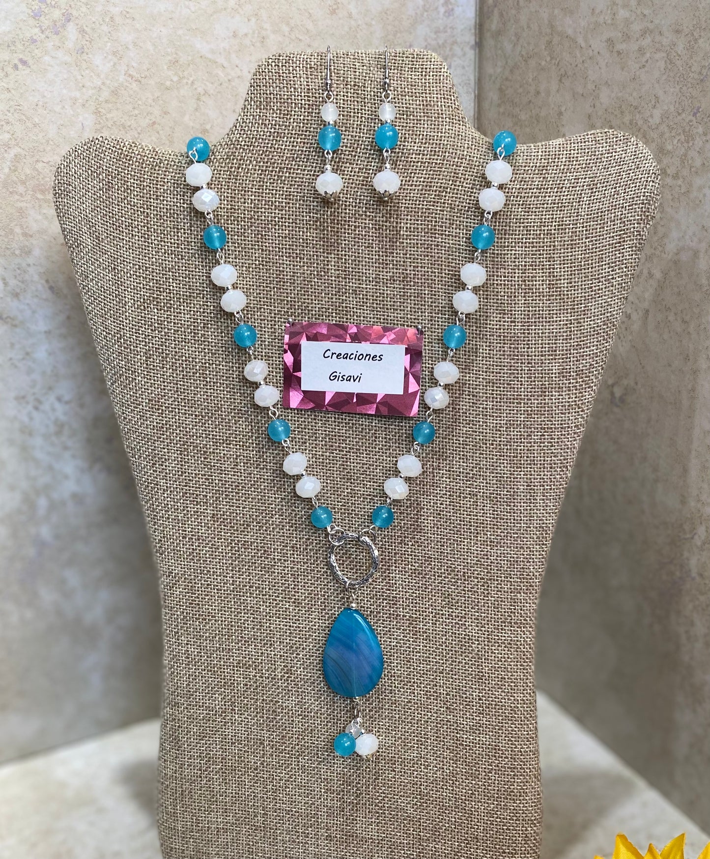 2013. Long necklace with turquoise jade and white crystals