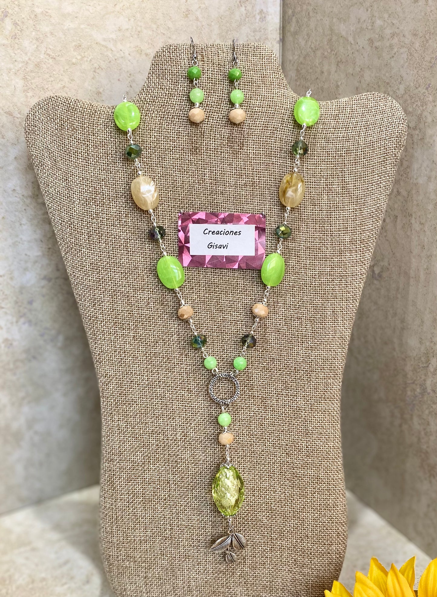 2008. Long necklace with lime green jade and crystals