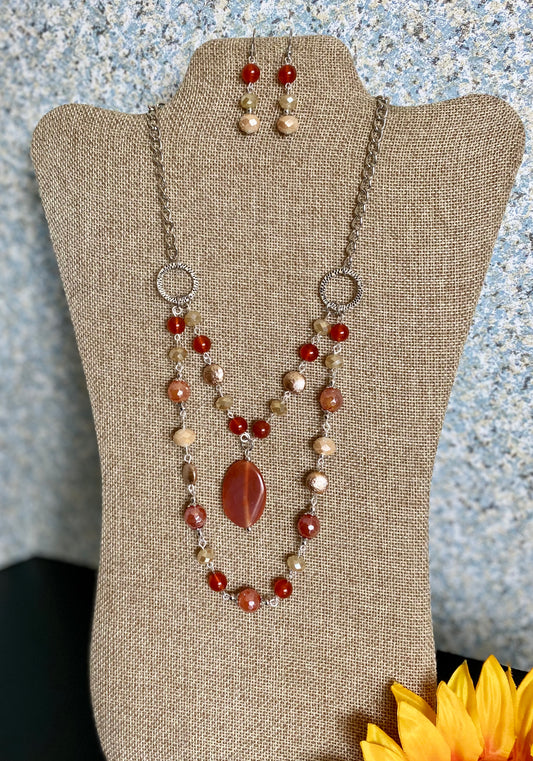 2035. Double necklace with orange agate, carnelian and beige crystals