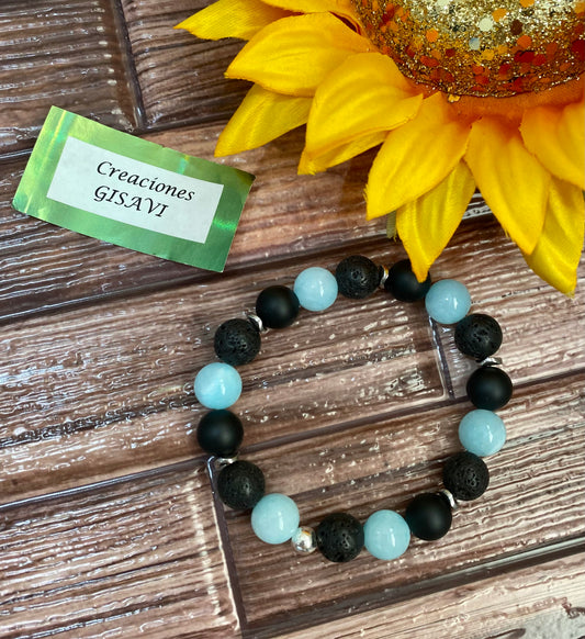 Unisex bracelet with lava rock and black and blue agate stone. 10mm