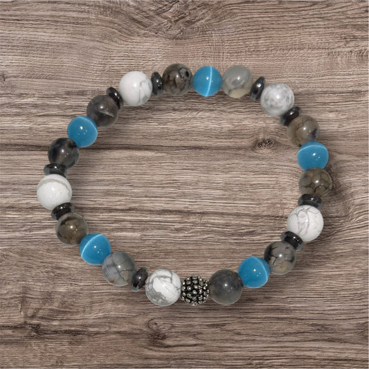 Men’s bracelet with howlite, agate and cat’s eye. 8mm.