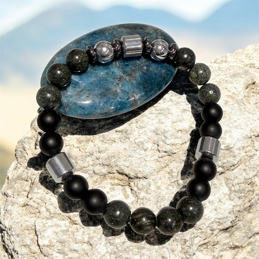 Men’s bracelet with serpentine, agate and hematite. 8mm.