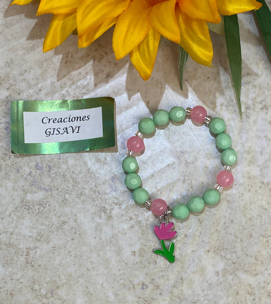 Small bracelet. Green and pink. Tulip. 5.5”