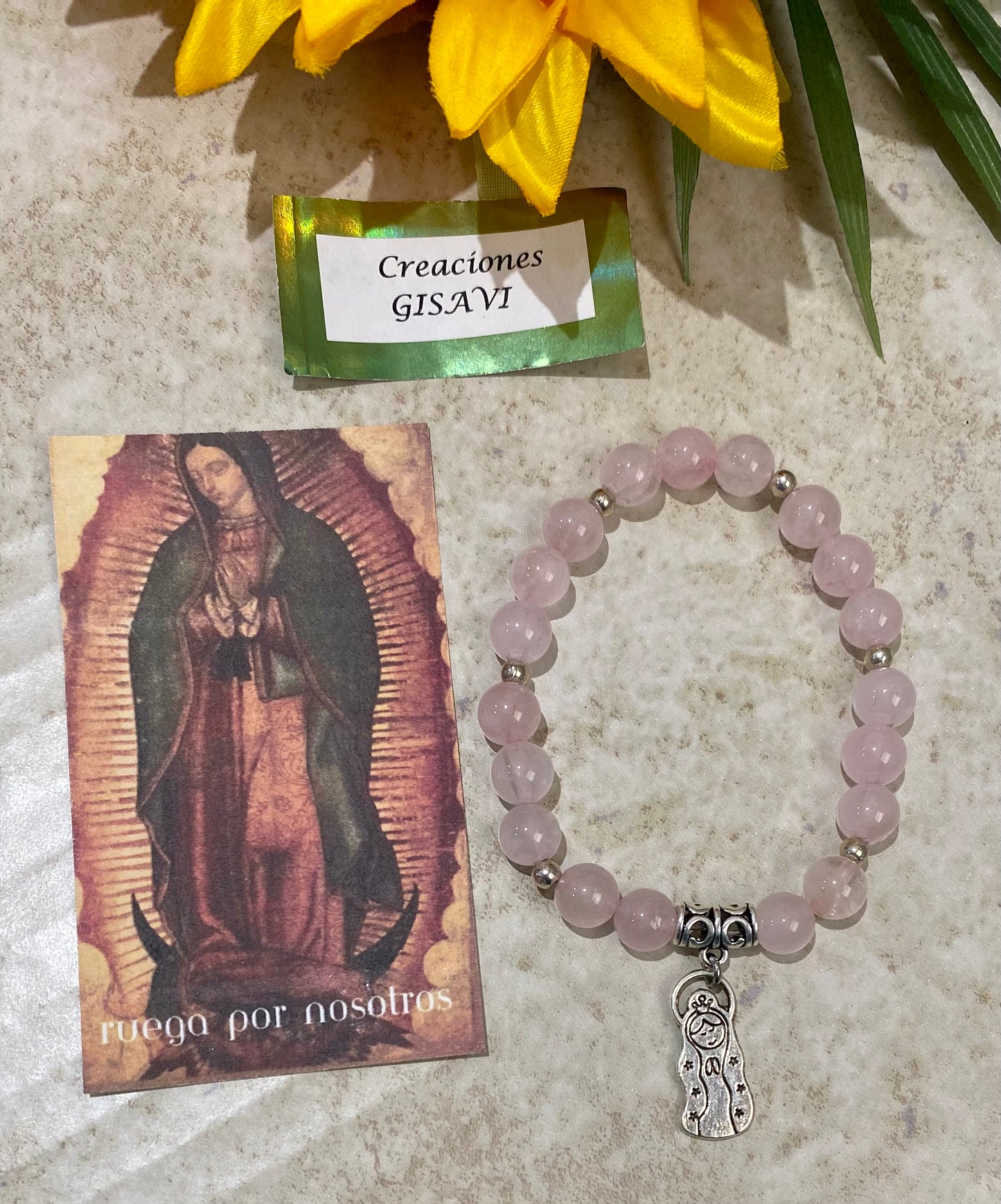 “Virgencita cuídame xfis” pink jade bracelet