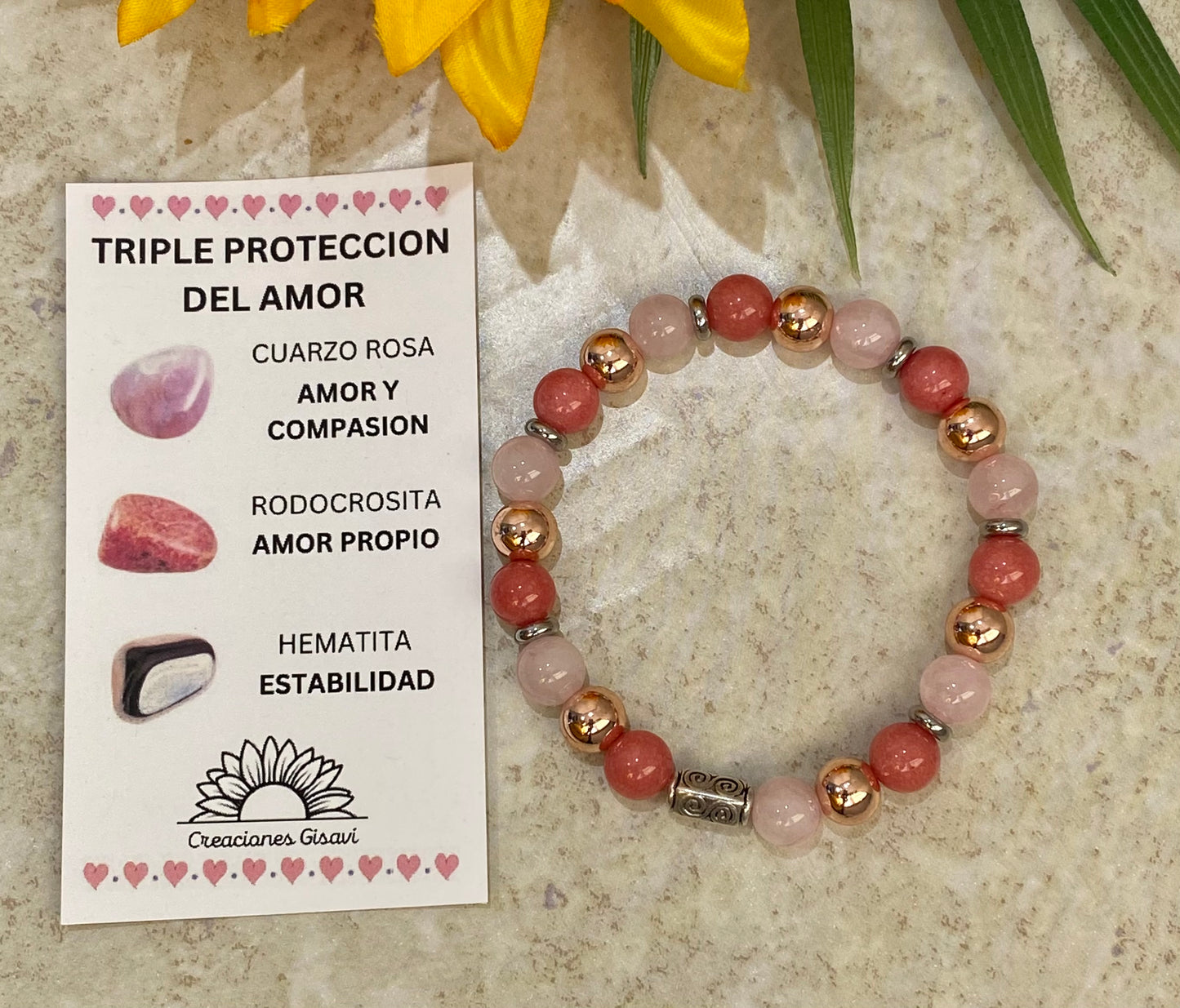 TRIPLE LOVE protection bracelet. Made with rose quartz, rhodocrosite and hematite.