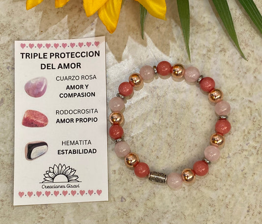 TRIPLE LOVE protection bracelet. Made with rose quartz, rhodocrosite and hematite.