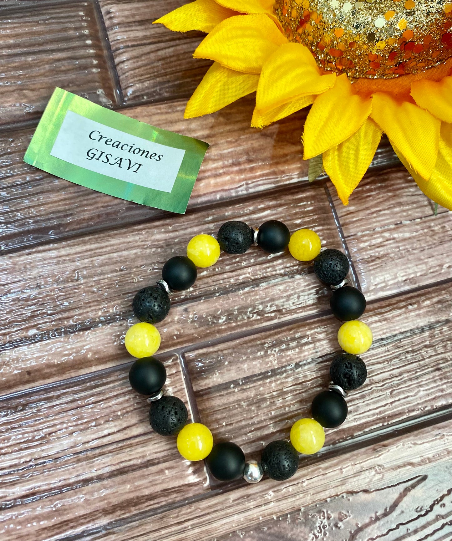 Unisex bracelet with agate stone, lava rock and yellow jade. 10mm