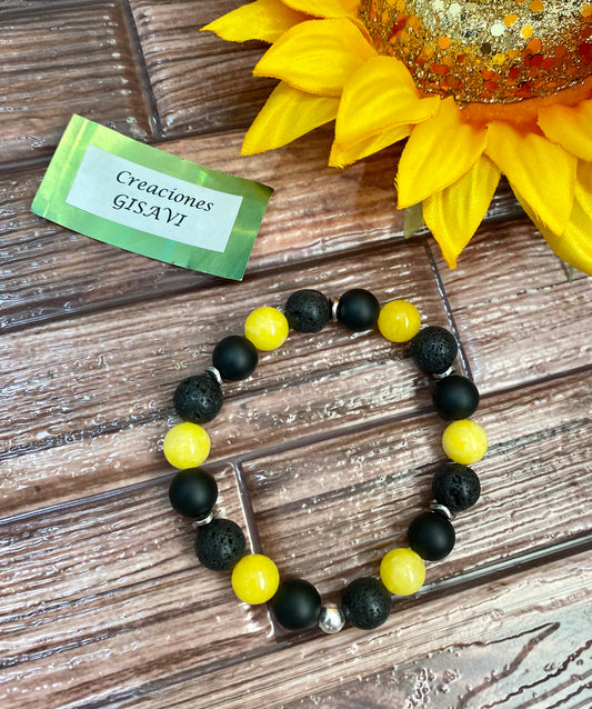 Unisex bracelet with agate stone, lava rock and yellow jade. 10mm