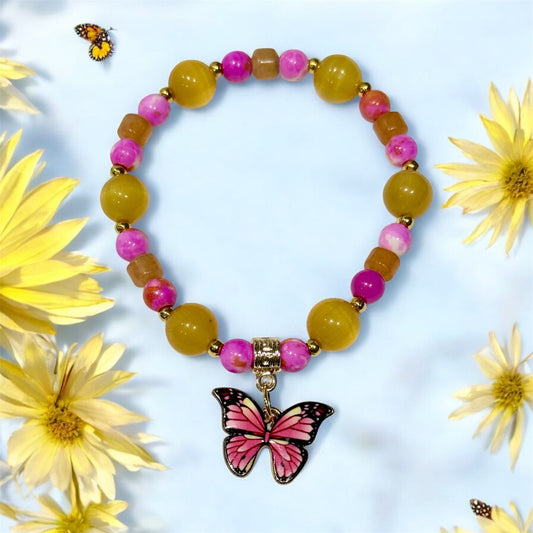 9 of 100 Bracelet with yellow cat’s eye and pink jade