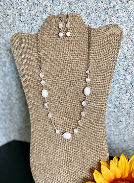 1090. Short necklace with selenite, clear quartz and white crystal beads.