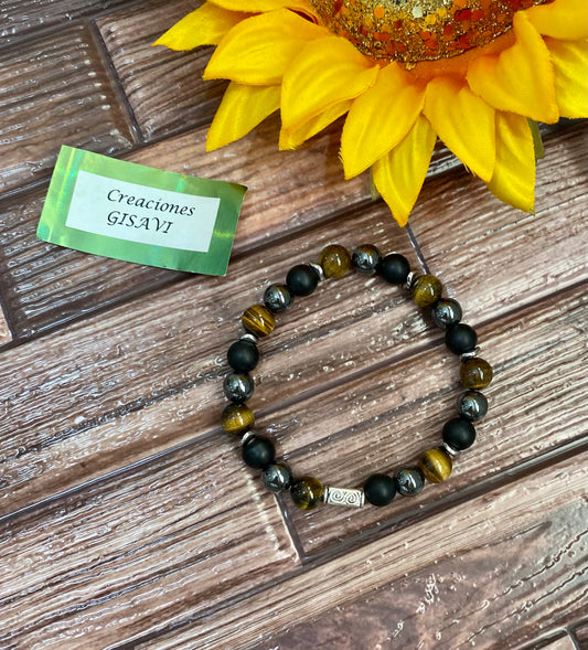 Unisex bracelet with agate stone, hematite and brown tiger’s eye