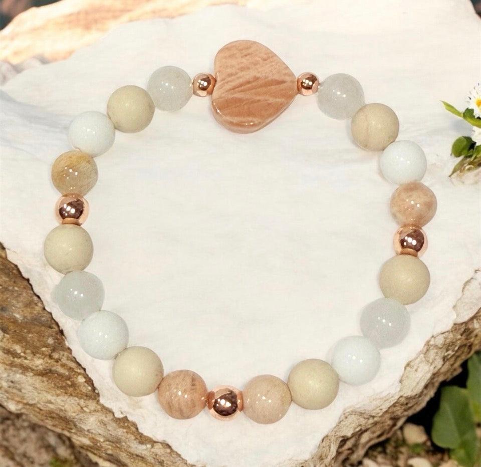20 of 100 Bracelet with sunstone, moonstone, jade and natural fossil