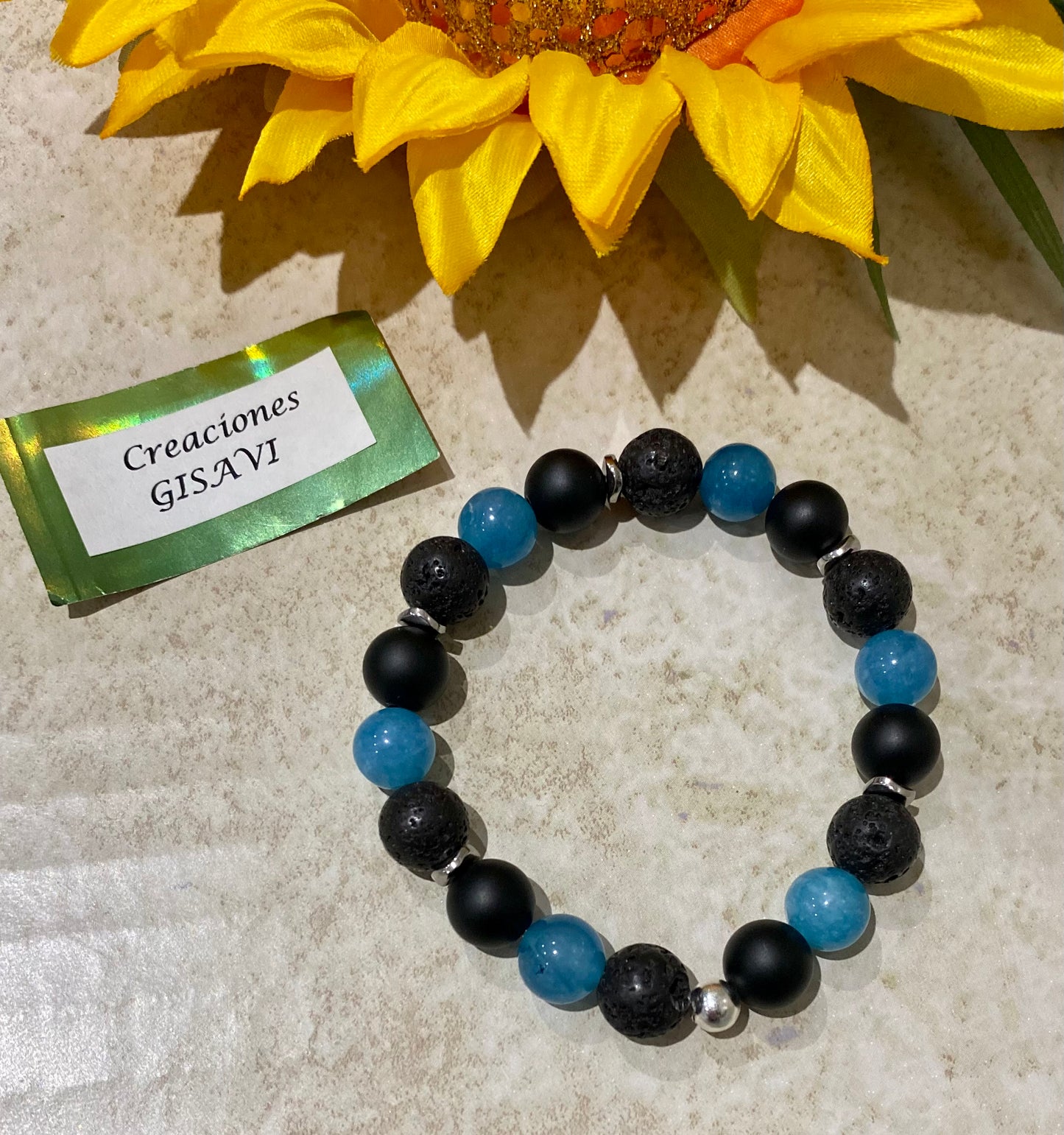 Unisex bracelet with agate stone, lava rock and blue jade. 10mm