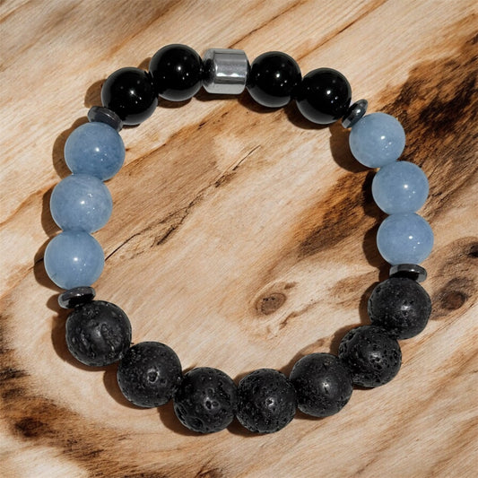 Men’s bracelet with aquamarine, onix and volcanic beads. 10mm.