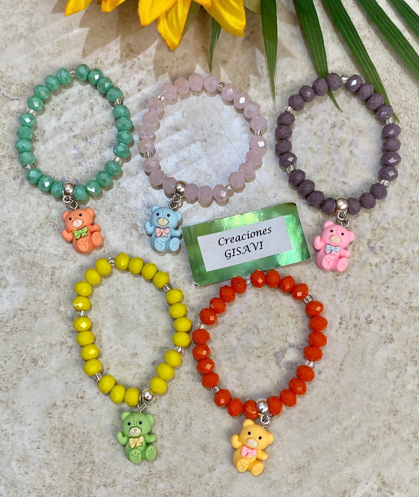 Teddy bear 5 set crystal bracelets. 6”