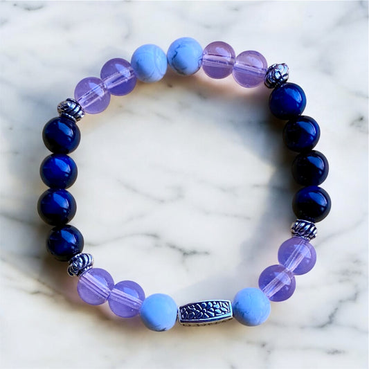 EMOTIONAL BALANCE bracelet with blue tiger’s eye, howlite and purple crystal