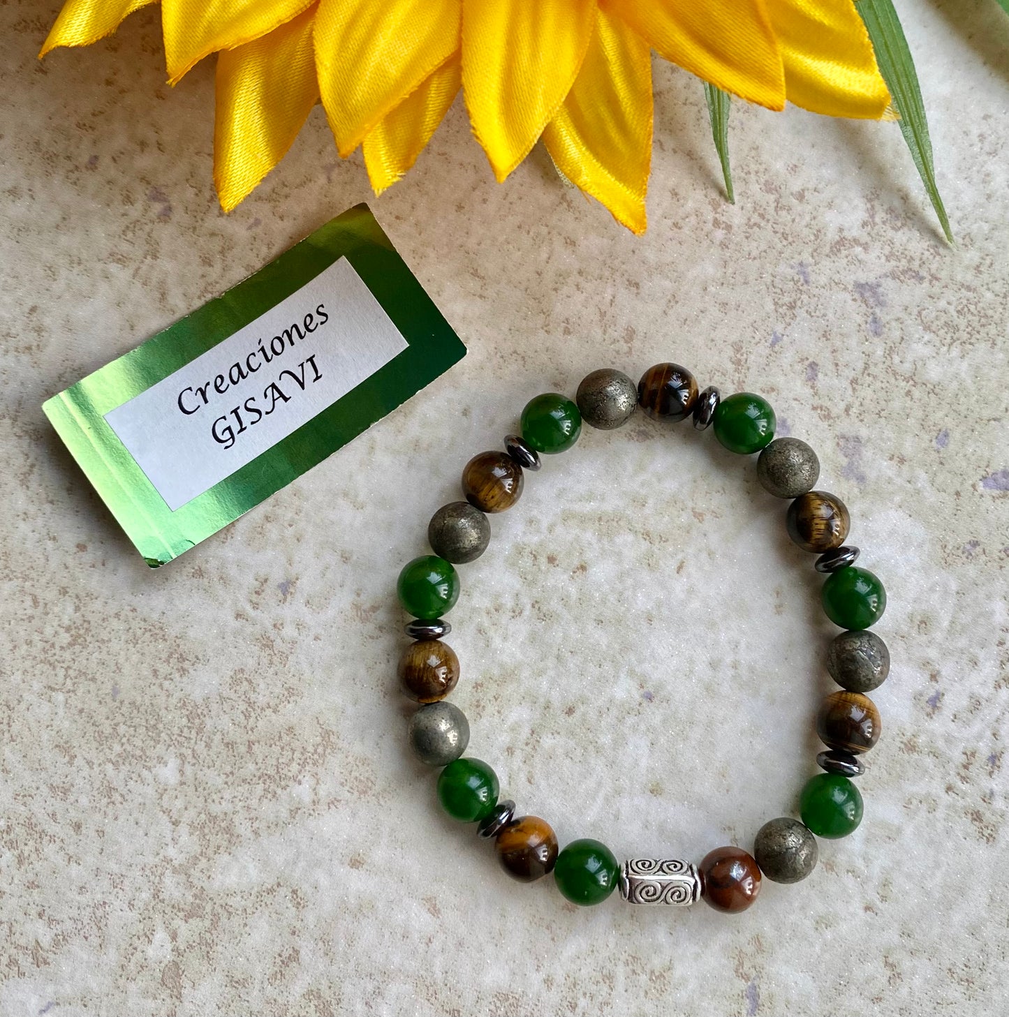 MONEY MAKER bracelet. Unisex bracelet with tiger’s eye, pyrite and green jade.