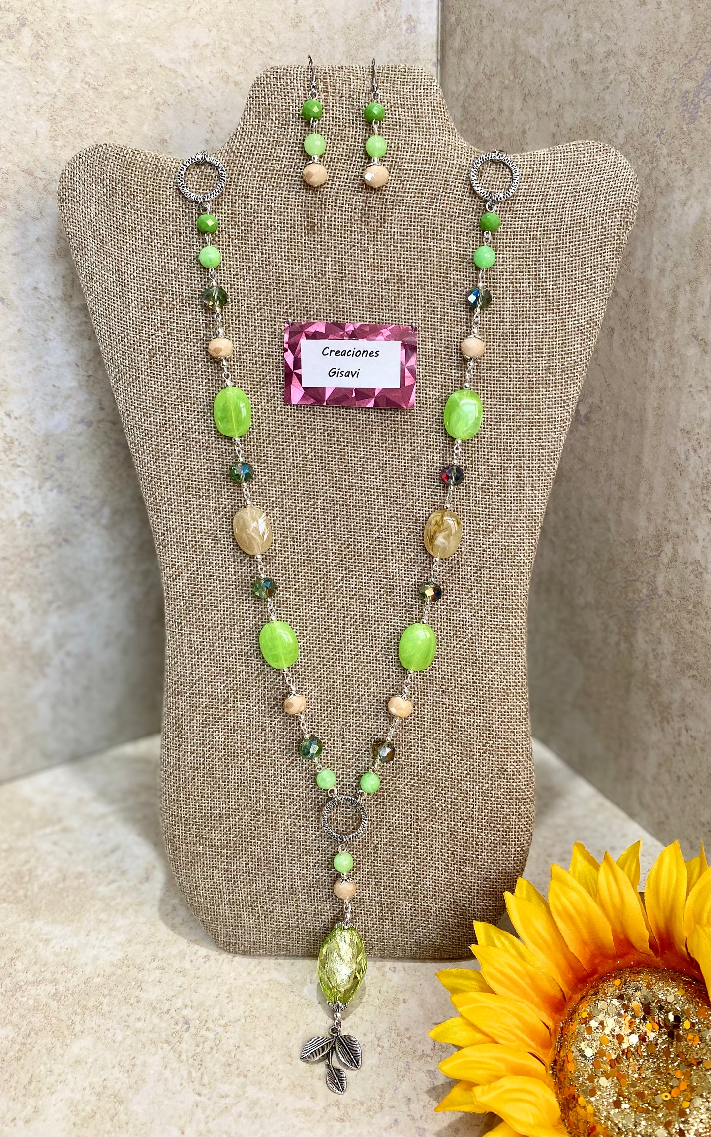 2008. Long necklace with lime green jade and crystals