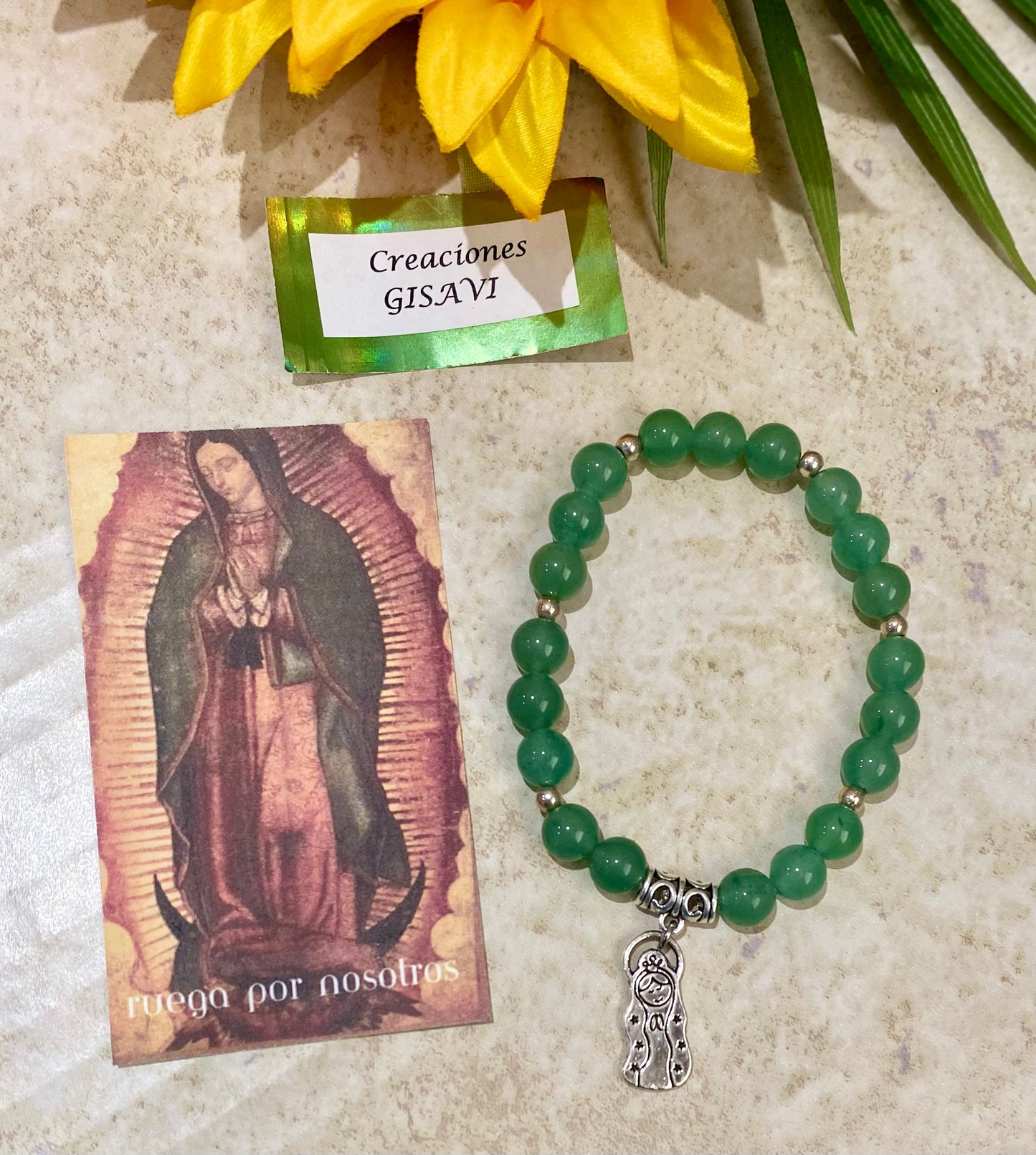 “Virgencita cuídame xfis” aventurine bracelet