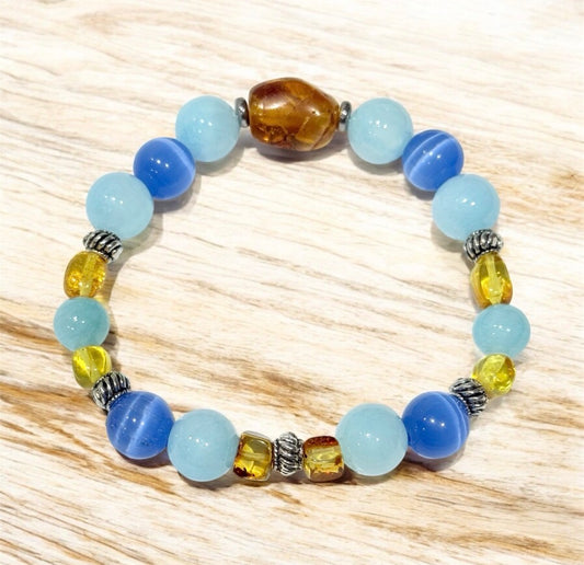 22 of 100 Bracelet with amber, blue jade and cat’s eye