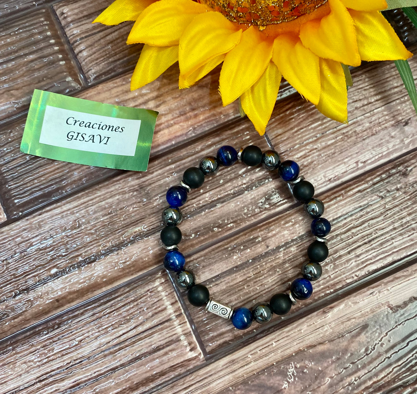 Unisex bracelet with agate stone, hematite and blue tiger’s eye