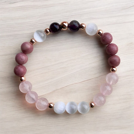 HEALING OF SELF-LOVE bracelet with rose quartz, rhodonite, selenite and  amethyst