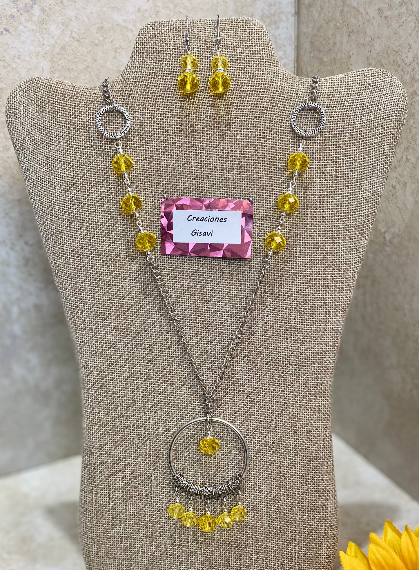 2019. Long necklace with yellow crystals