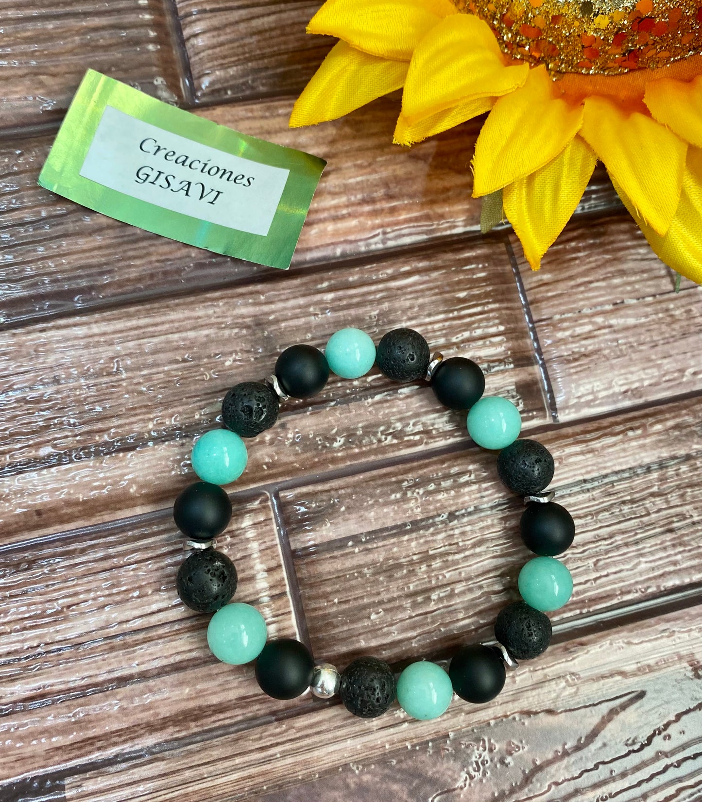 Unisex bracelet with agate stone, lava rock and mint jade. 10mm