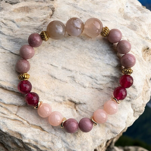 SELF-LOVE bracelet with flower agate, ruby jade, rhodonite and peach jade