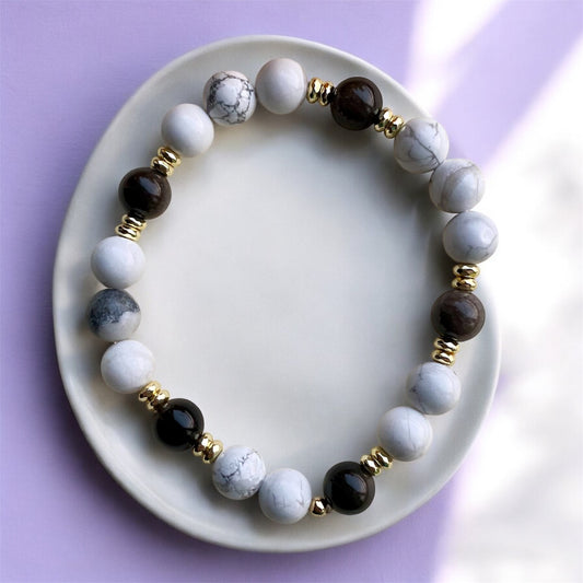 SELF-CONFIDENCE bracelet with howlite, gray obsidian and gold hematite